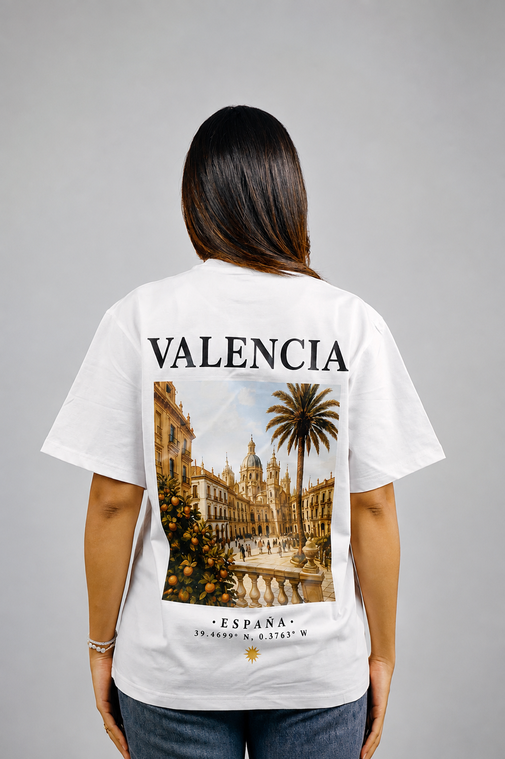 White AUREO Valencia oversized tee, back view, Showing the city of Valencia