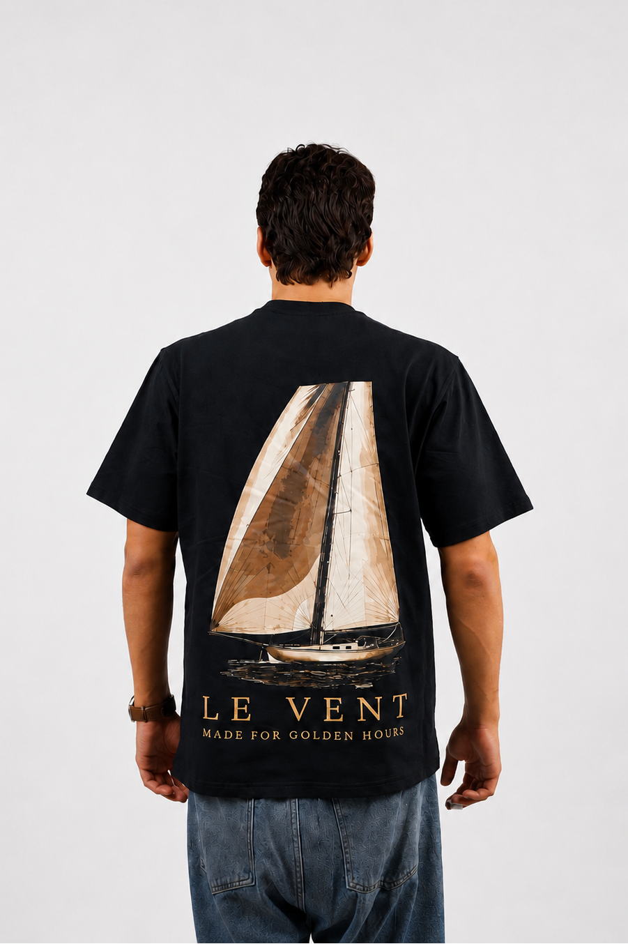 Black AUREO Le Vent oversized tee, back view, showing Le Vent